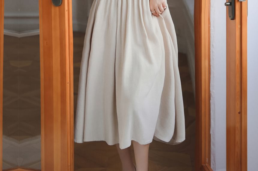 Puff-Sleeve Square Neck Plain Lace Trim Maxi A-Line Dress / Floral Lace-Up Vest / Kerchief / Set