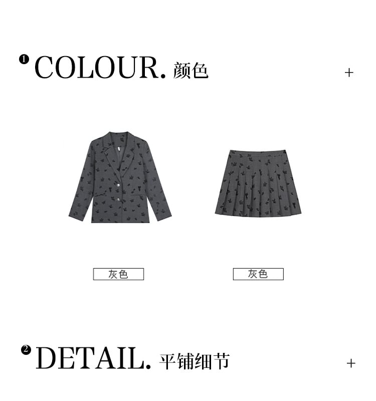 Notch Lapel Butterfly Jacquard Single-Breasted Blazer / High Waist Pleated Mini A-Line Skirt