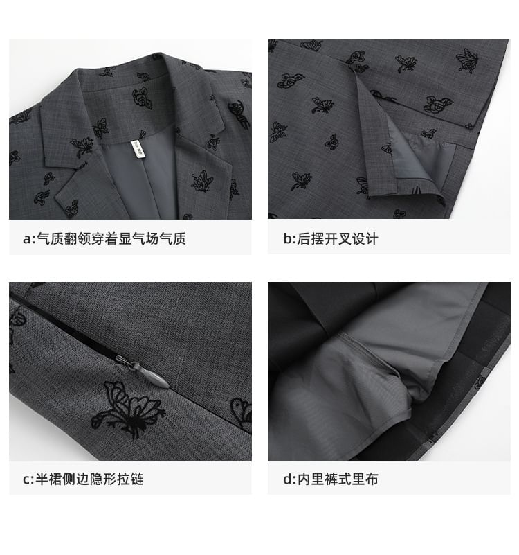 Notch Lapel Butterfly Jacquard Single-Breasted Blazer / High Waist Pleated Mini A-Line Skirt