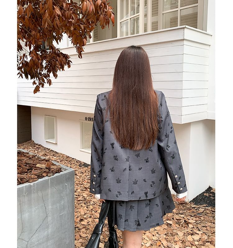Notch Lapel Butterfly Jacquard Single-Breasted Blazer / High Waist Pleated Mini A-Line Skirt