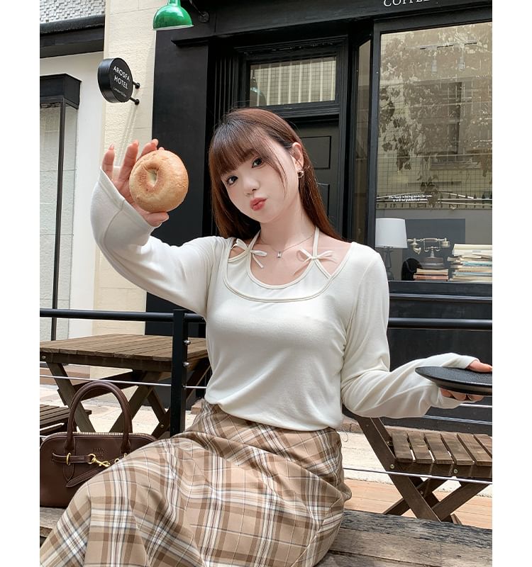 Long-Sleeve Halter Neck Mock Two-Piece Plain Bow Accent T-Shirt