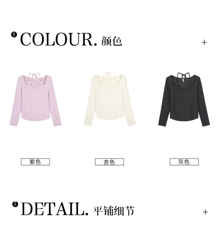 Long-Sleeve Halter Neck Mock Two-Piece Plain Bow Accent T-Shirt