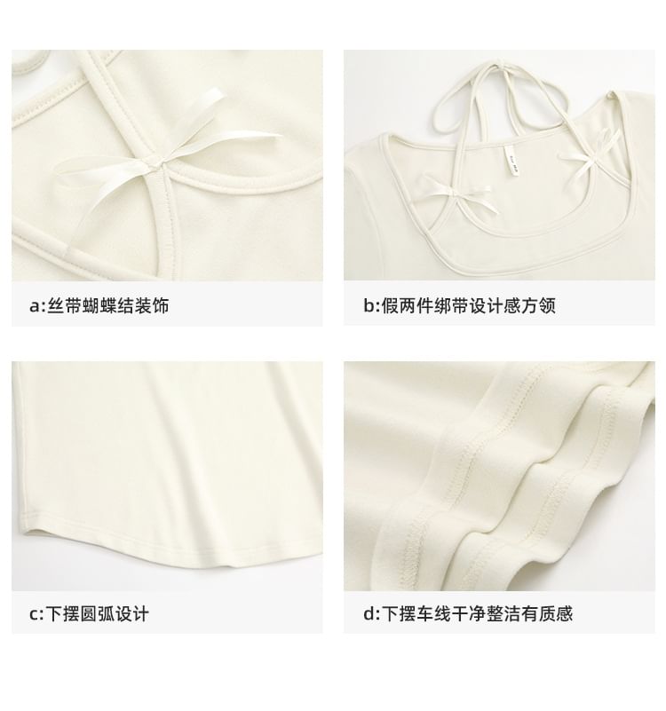 Long-Sleeve Halter Neck Mock Two-Piece Plain Bow Accent T-Shirt