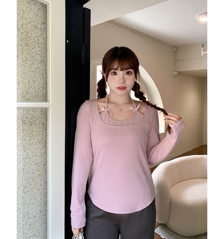 Long-Sleeve Halter Neck Mock Two-Piece Plain Bow Accent T-Shirt