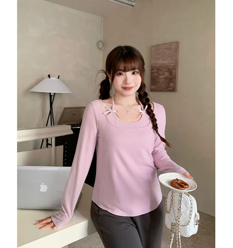 Long-Sleeve Halter Neck Mock Two-Piece Plain Bow Accent T-Shirt