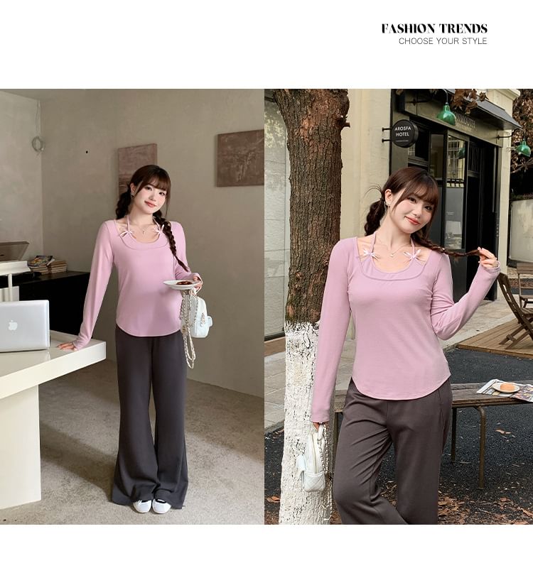 Long-Sleeve Halter Neck Mock Two-Piece Plain Bow Accent T-Shirt