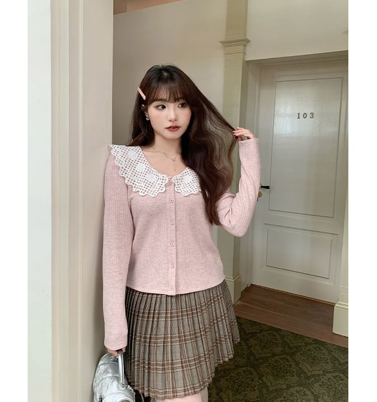 Lace Collar Two Tone Button-Up Cardigan