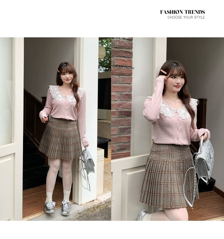 Lace Collar Two Tone Button-Up Cardigan