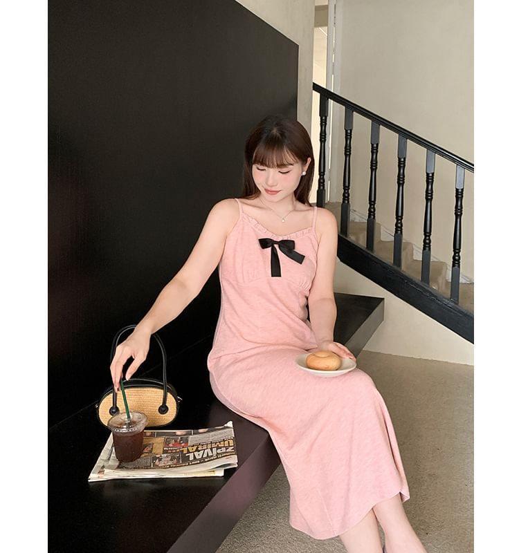 Spaghetti Strap V-Neck Plain Bow Accent Frill Trim Maxi A-Line Dress