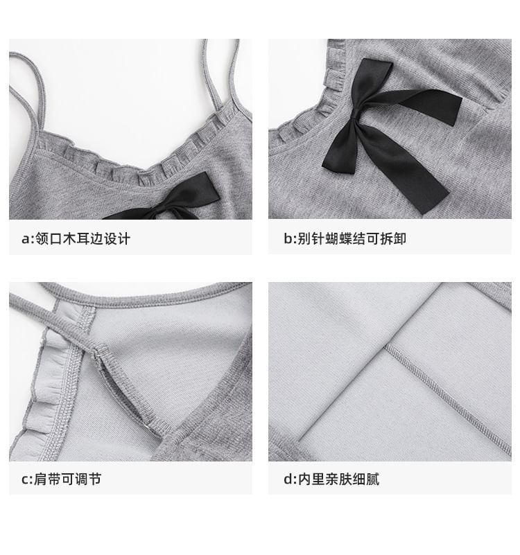 Spaghetti Strap V-Neck Plain Bow Accent Frill Trim Maxi A-Line Dress