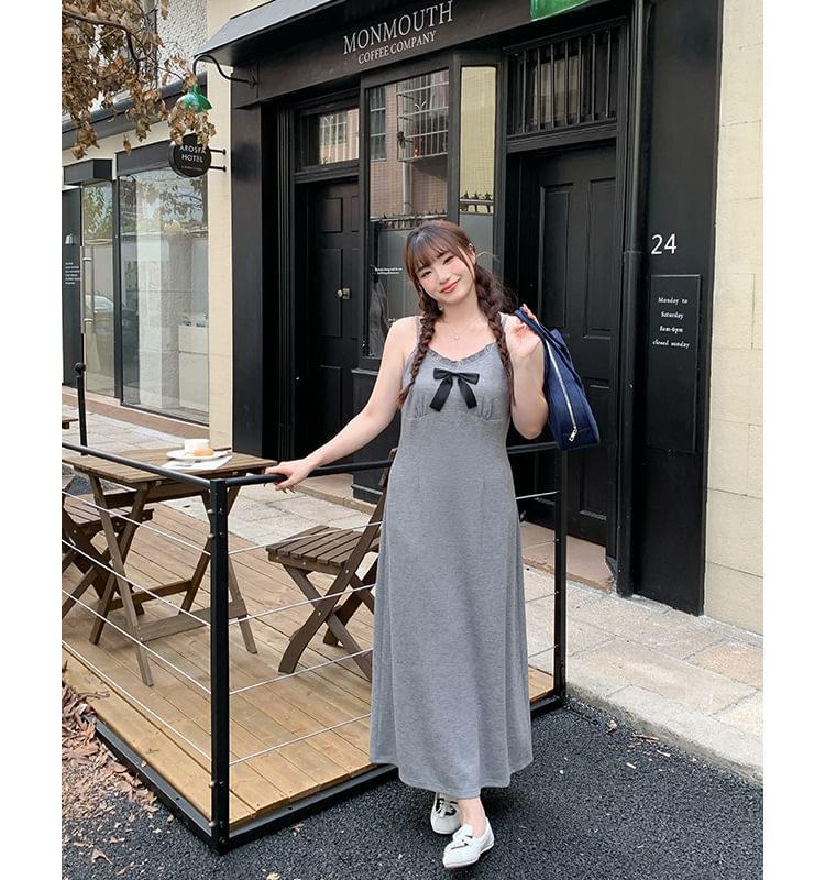 Spaghetti Strap V-Neck Plain Bow Accent Frill Trim Maxi A-Line Dress