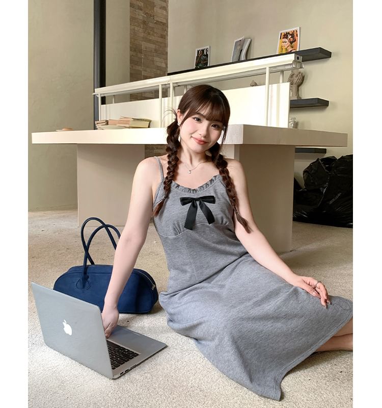 Spaghetti Strap V-Neck Plain Bow Accent Frill Trim Maxi A-Line Dress