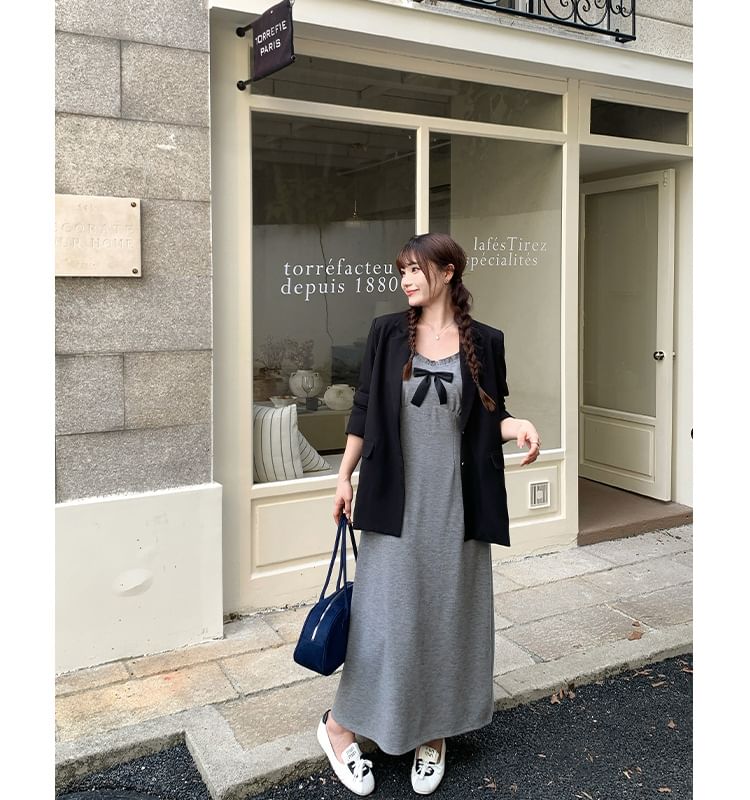 Spaghetti Strap V-Neck Plain Bow Accent Frill Trim Maxi A-Line Dress