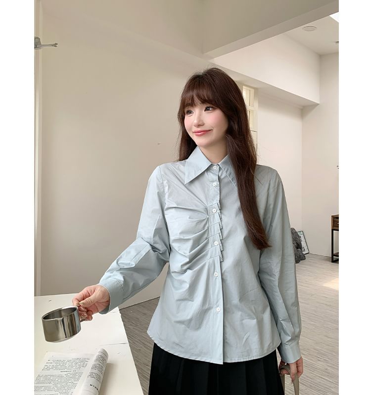 Long-Sleeve Collared Plain Ruched Button-Up Blouse