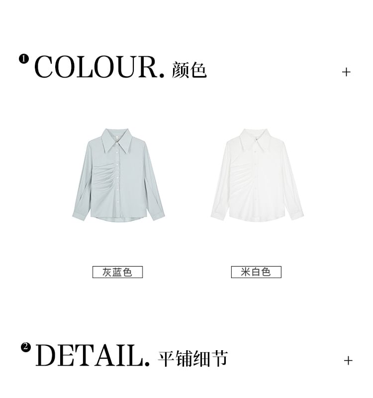 Long-Sleeve Collared Plain Ruched Button-Up Blouse