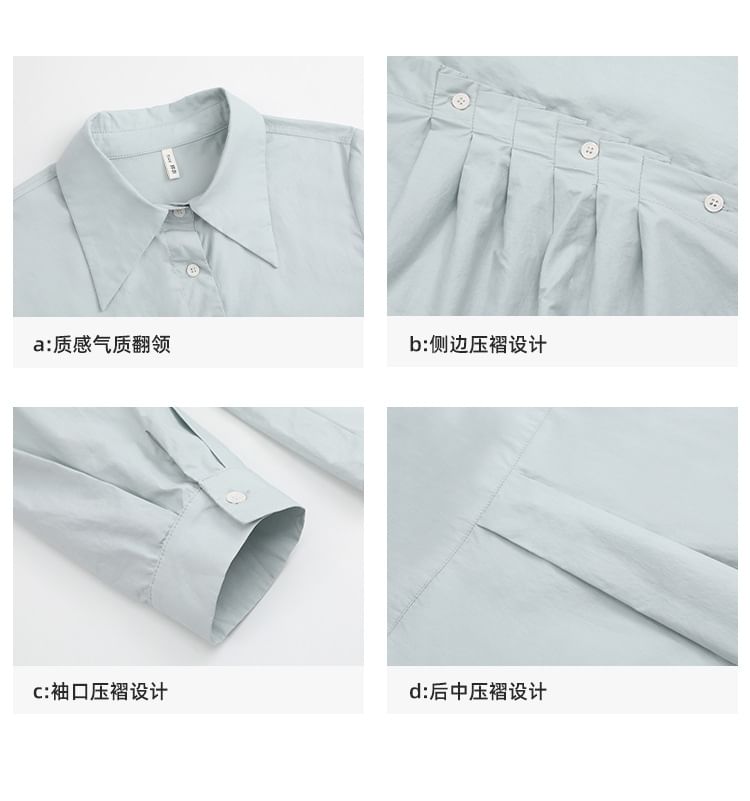 Long-Sleeve Collared Plain Ruched Button-Up Blouse
