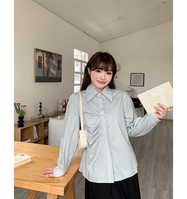 Long-Sleeve Collared Plain Ruched Button-Up Blouse