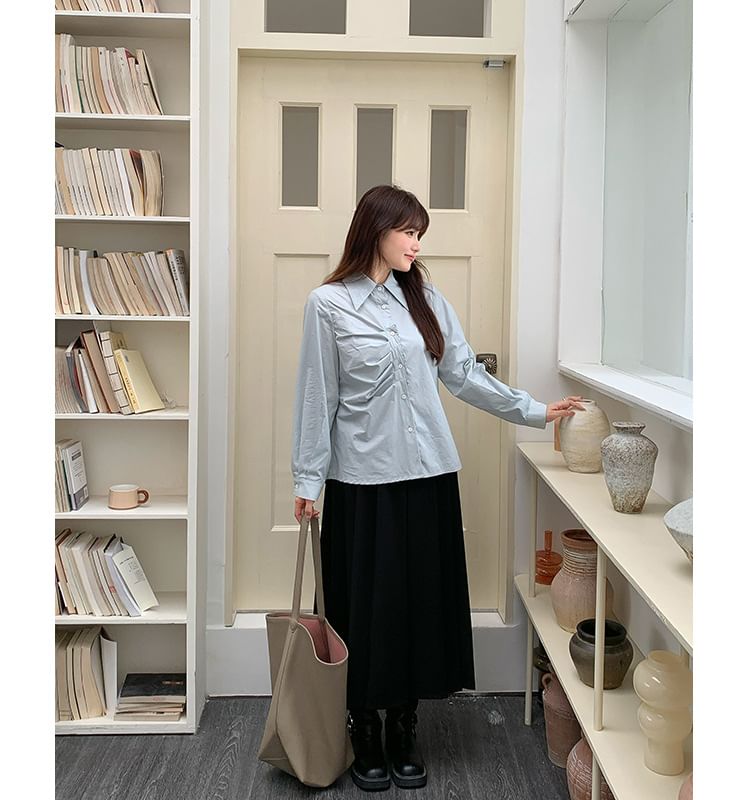Long-Sleeve Collared Plain Ruched Button-Up Blouse
