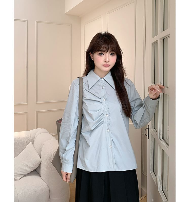 Long-Sleeve Collared Plain Ruched Button-Up Blouse