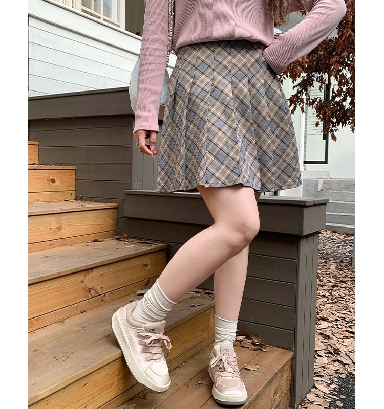 High Waist Plaid Pleated Mini A-Line Skirt