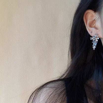 Floral Faux Clip-On / Crystal Rhinestone Drop Earring
