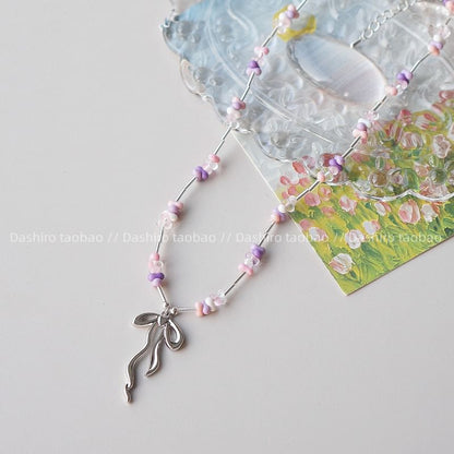 Pendant Bow Beaded Necklace Irregular