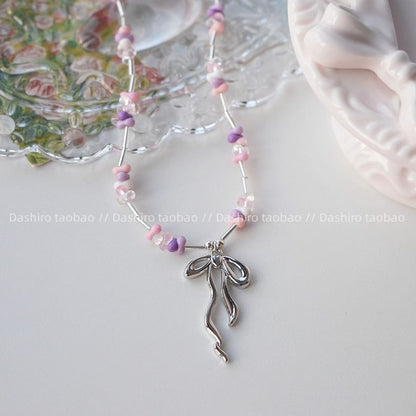 Pendant Bow Beaded Necklace Irregular
