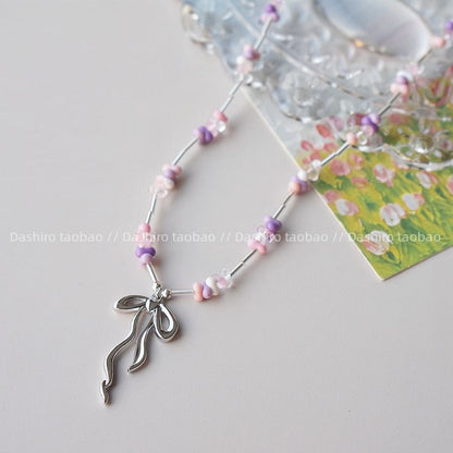 Pendant Bow Beaded Necklace Irregular
