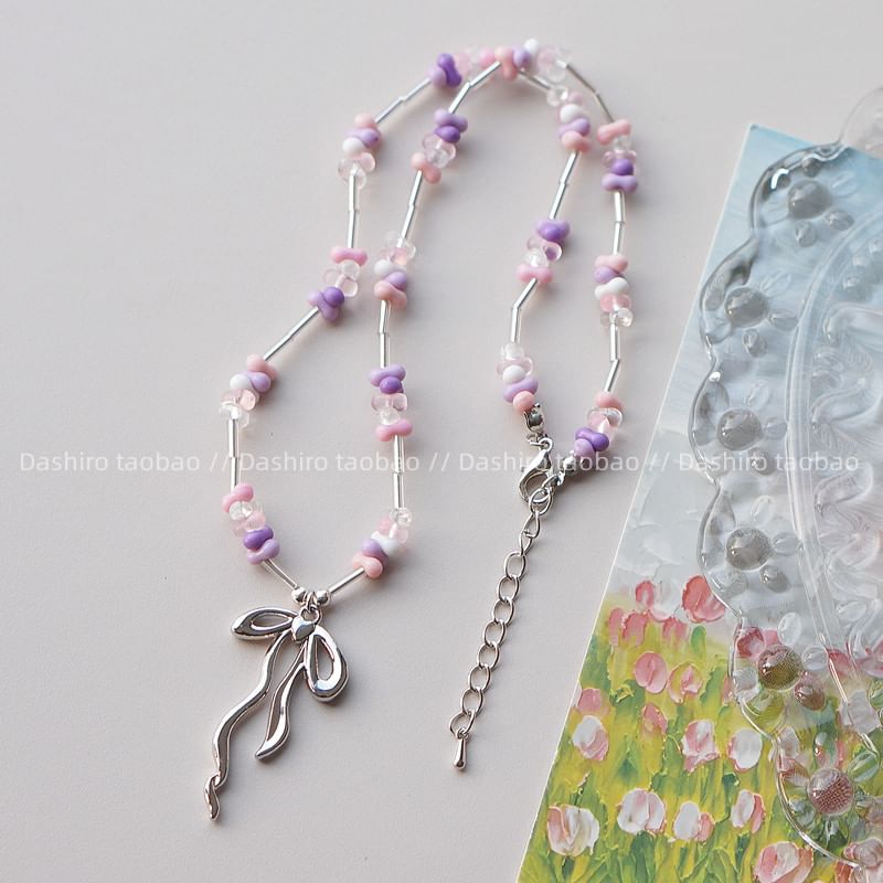Pendant Bow Beaded Necklace Irregular
