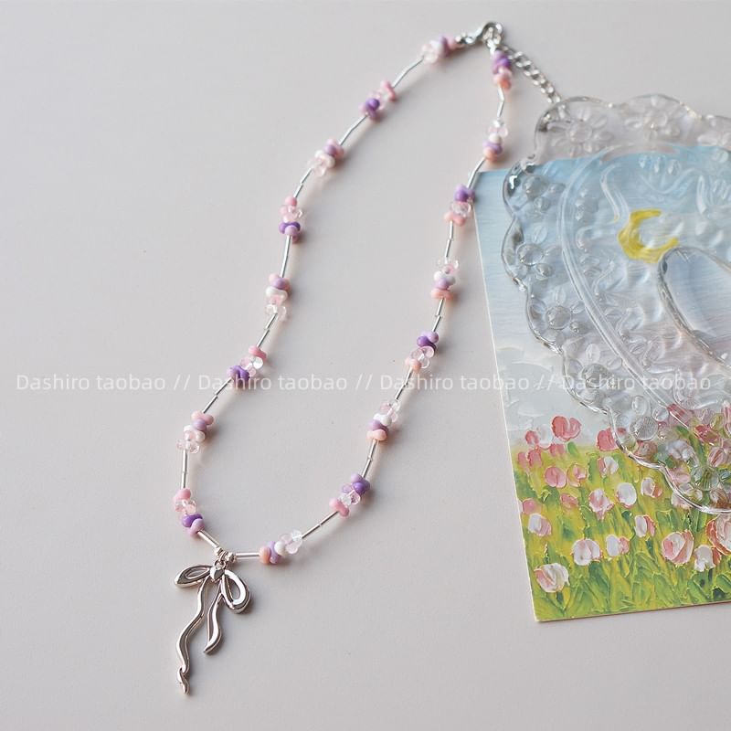 Pendant Bow Beaded Necklace Irregular