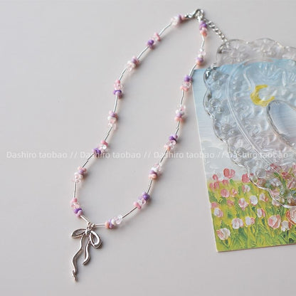 Pendant Bow Beaded Necklace Irregular