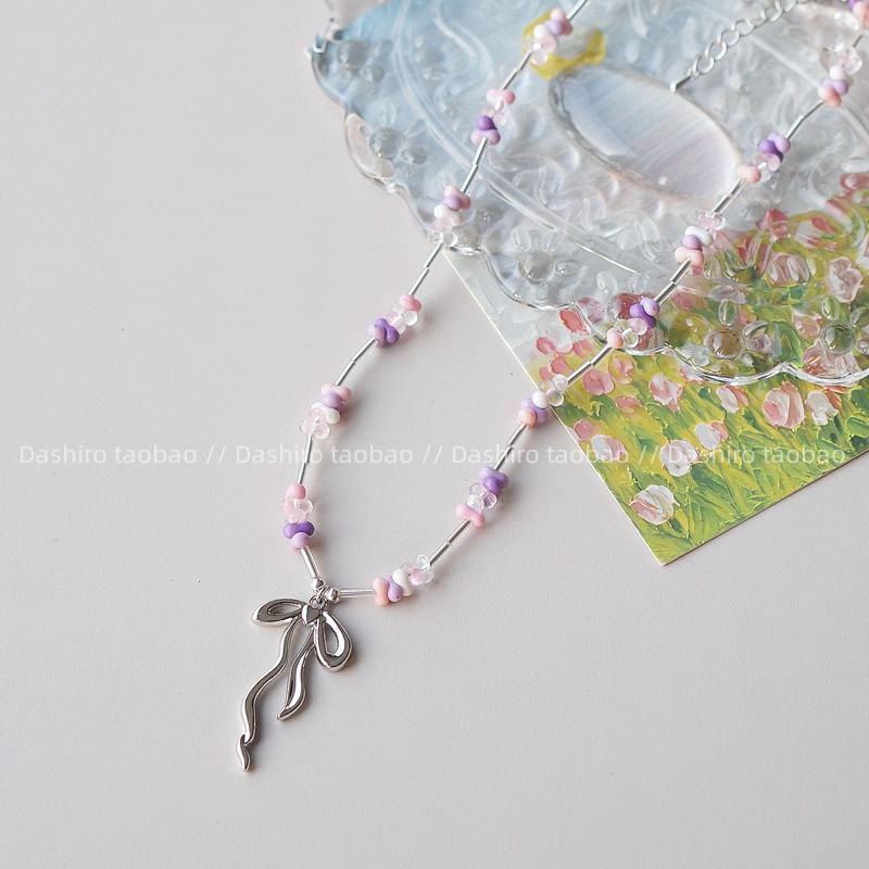 Pendant Bow Beaded Necklace Irregular