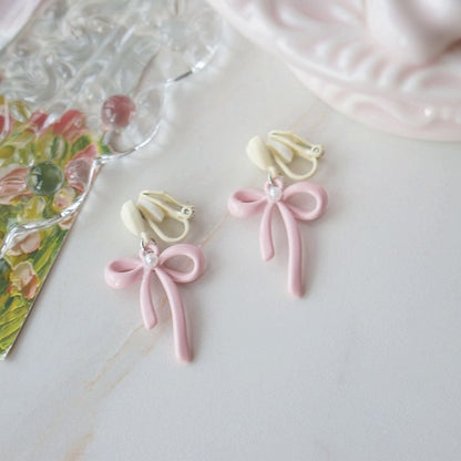 Heart Earring / Clip-On Pearl Drop Bow Faux