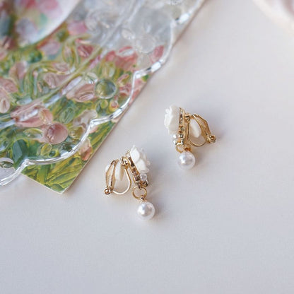 Rhinestone Pearl Faux Earring Clip-On Drop Floral /