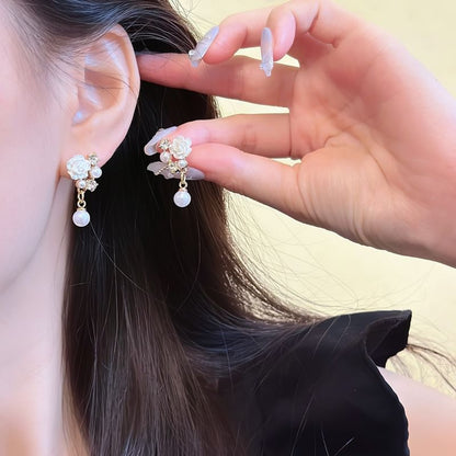 Rhinestone Pearl Faux Earring Clip-On Drop Floral /