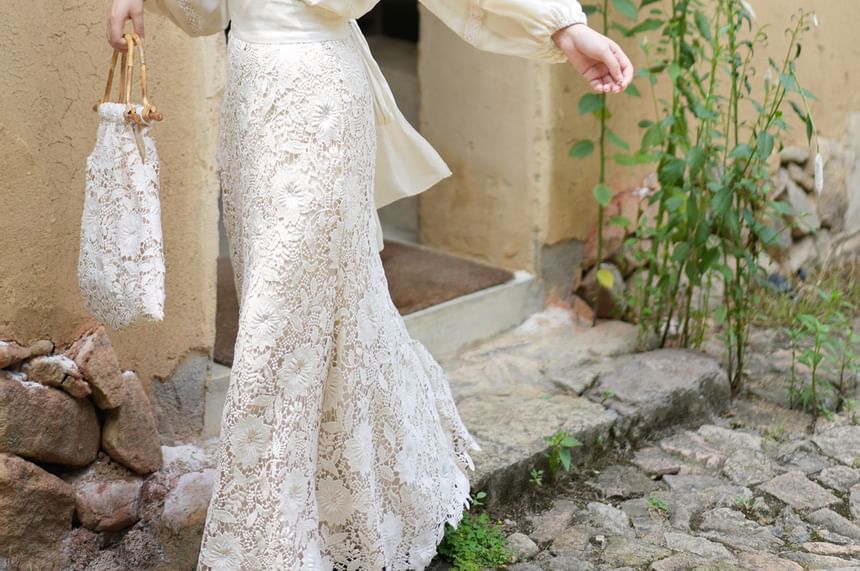 Balloon Sleeve Crew Neck Plain Panel Lace Blouse / High Rise Plain Lace Maxi A-Line Skirt / Set