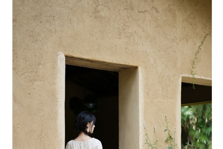 Balloon Sleeve Crew Neck Plain Panel Lace Blouse / High Rise Plain Lace Maxi A-Line Skirt / Set