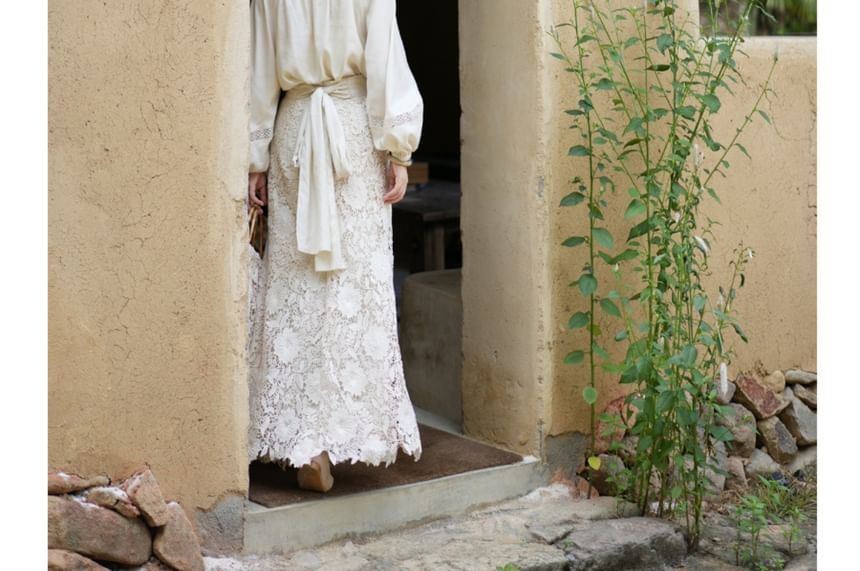 Balloon Sleeve Crew Neck Plain Panel Lace Blouse / High Rise Plain Lace Maxi A-Line Skirt / Set