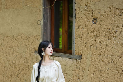 Balloon Sleeve Crew Neck Plain Panel Lace Blouse / High Rise Plain Lace Maxi A-Line Skirt / Set