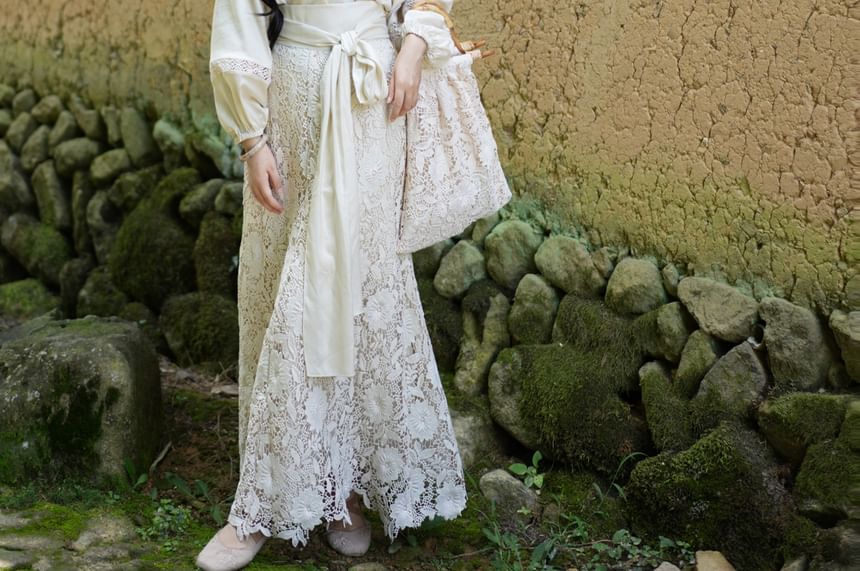 Balloon Sleeve Crew Neck Plain Panel Lace Blouse / High Rise Plain Lace Maxi A-Line Skirt / Set