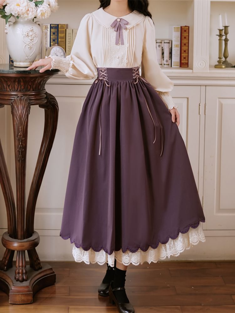 Set: Collared Bow Pintuck Blouse + High Rise Lace Up Panel Lace Midi A-Line Skirt (Various Designs)
