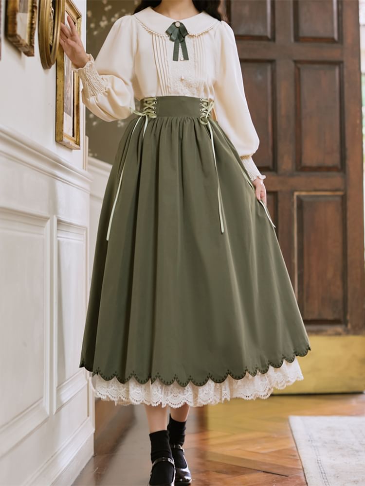 Set: Collared Bow Pintuck Blouse + High Rise Lace Up Panel Lace Midi A-Line Skirt (Various Designs)