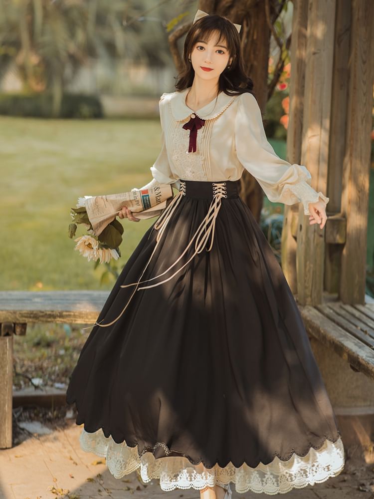 Set: Collared Bow Pintuck Blouse + High Rise Lace Up Panel Lace Midi A-Line Skirt (Various Designs)