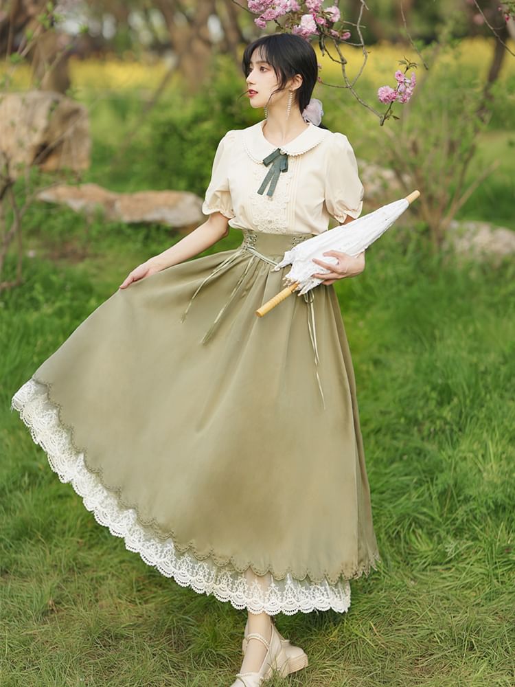 Set: Collared Bow Pintuck Blouse + High Rise Lace Up Panel Lace Midi A-Line Skirt (Various Designs)