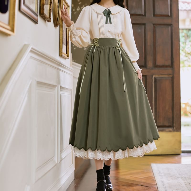 Set: Collared Bow Pintuck Blouse + High Rise Lace Up Panel Lace Midi A-Line Skirt (Various Designs)