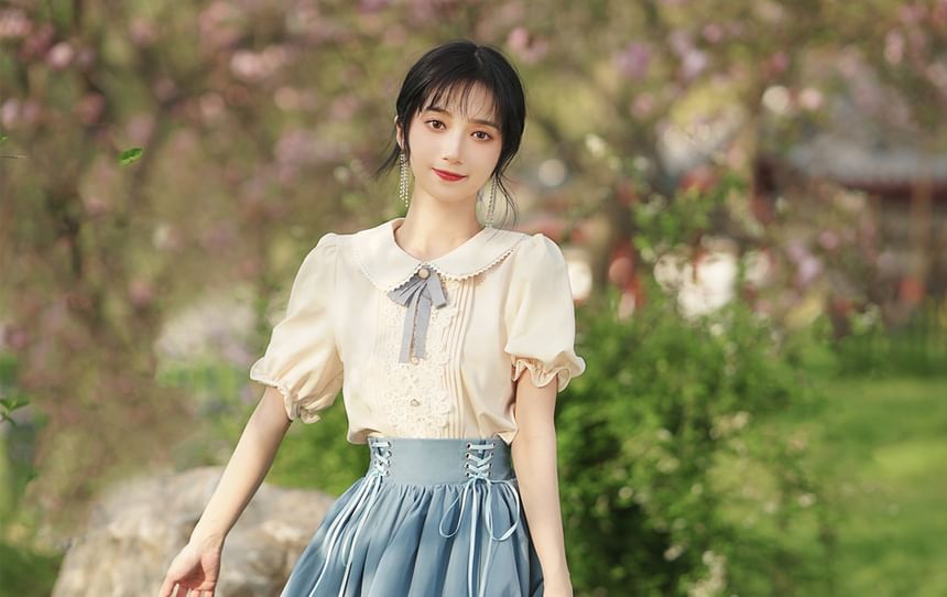 Set: Collared Bow Pintuck Blouse + High Rise Lace Up Panel Lace Midi A-Line Skirt (Various Designs)