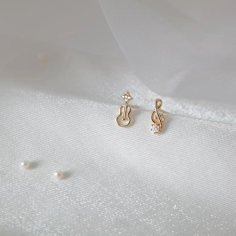 Asymmetrical Rhinestone Note Guitar Alloy Earring Stud Music