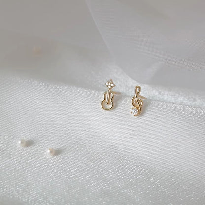 Asymmetrical Rhinestone Note Guitar Alloy Earring Stud Music