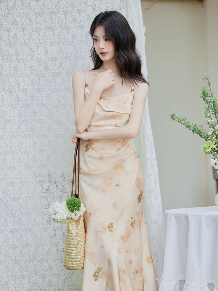 Spaghetti Strap Scoop Neck Floral Print Beaded Ruched Slit Midi Mermaid Dress / Plain Open Front Crop Cardigan / Set