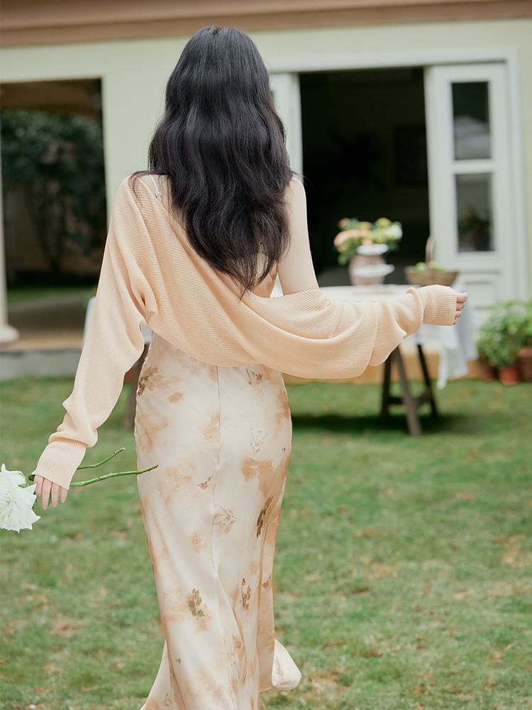 Spaghetti Strap Scoop Neck Floral Print Beaded Ruched Slit Midi Mermaid Dress / Plain Open Front Crop Cardigan / Set